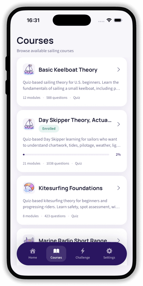 SailQuiz mobile app courses screen showing available sailing courses and progress