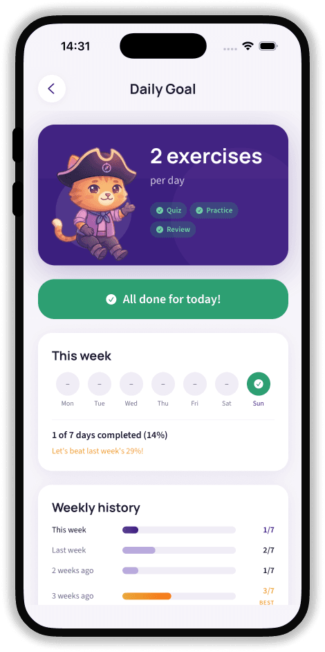 SailQuiz mobile app daily goal screen showing completed exercises and weekly study history