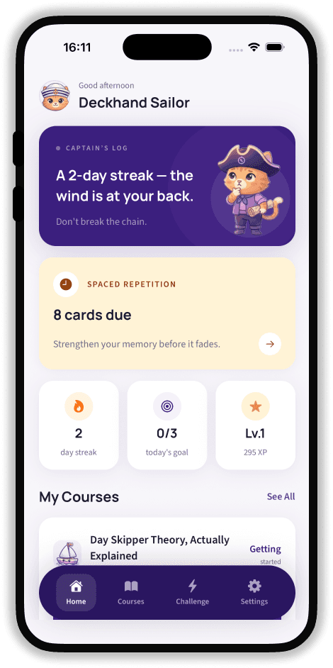 SailQuiz mobile app home screen showing smart review, daily streak, and course progress