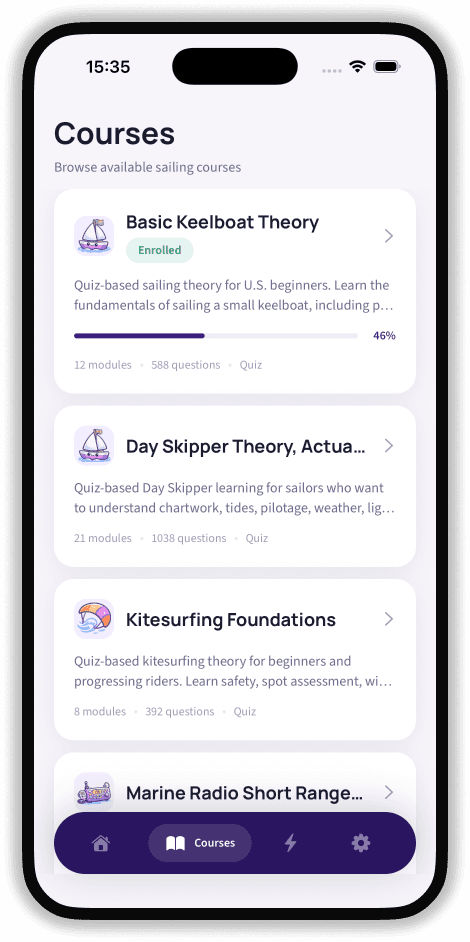 SailQuiz iOS app courses list showing Basic Keelboat, Day Skipper, Kitesurfing, and Marine Radio