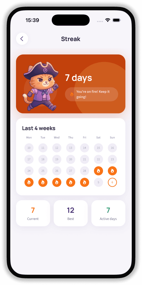 SailQuiz iOS streak screen showing a 7-day streak, weekly calendar, and stats