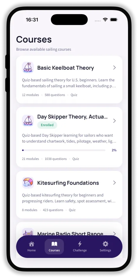 Real SailQuiz course library screen showing Basic Keelboat, Day Skipper, Kitesurfing and Marine Radio entries