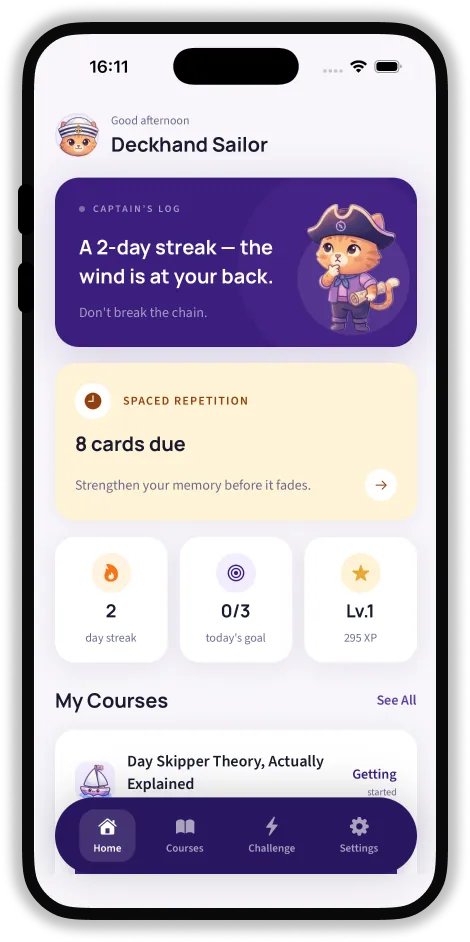 Real SailQuiz home screen with the cat mascot, due review cards, daily goal and Day Skipper course